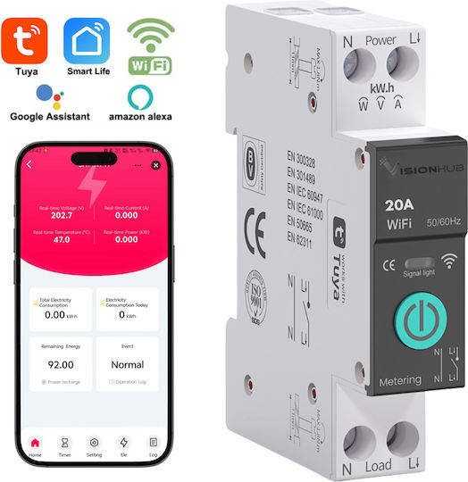 Contor Inteligent De Energie Cu Siguranță Wifi 20A Monitorizare Consum Control De La Distanță Programare Inteligentă Compatibil Smart Life Tuya Alexa Google Home Montaj Pe Șină Din