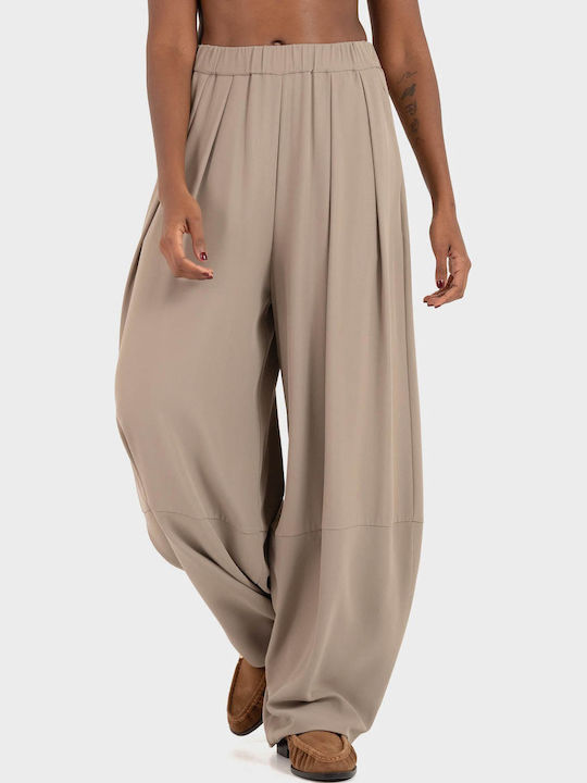 Women's Fabric Trousers in Loose Fit Beige