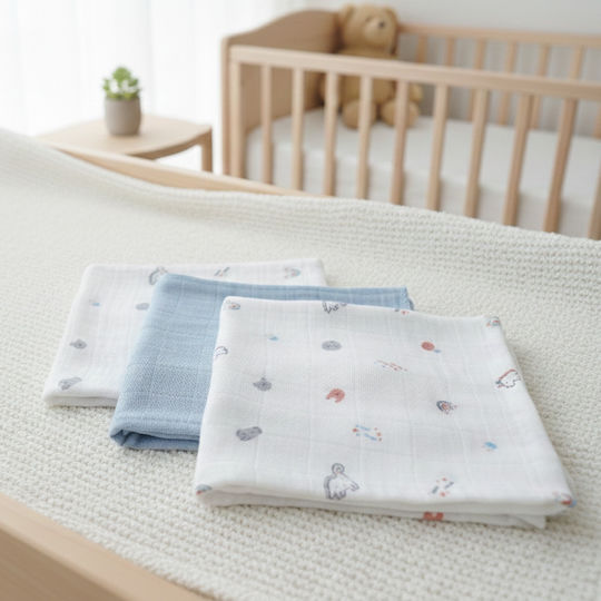 Gamberritos Kids Little Wonders Πάνες Αγκαλιάς από Μουσελίνα Γαλάζιο 80x80εκ. 3τμχ