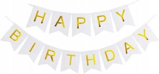 Banner Happy Birthday 100x200 Cm Dimensiune Steag 11.5x16.5 Cm Rola De Ață Inclusă Alb