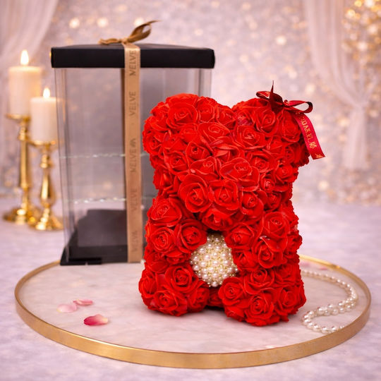 Red Floral Teddy Bear Made Foam Roses A Pearl Heart 25 Cm Hand-decorated In A Gift Box