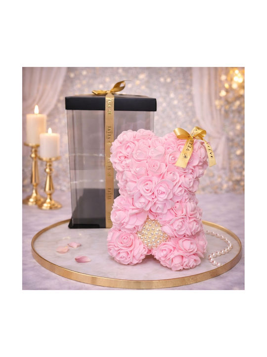 Ursuleț De Pluș Floral Roz Din Trandafiri Din Spumă Cu O Inimă De Perle 25 Cm Decorat Manual În Cutie Cadou