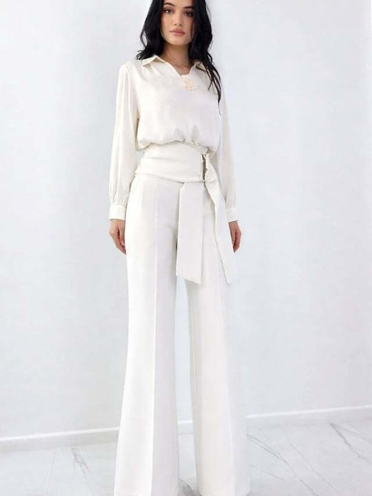 Pantaloni Dama Palazzo High Rise Fit Cu Dungi Albi