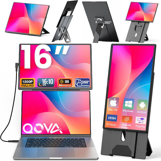 Monitor Portabil Extensibil Laptop Qova Ecran 16 Inch Ips Full Hd 1200p Display 60hz Contrast 1000:1 16,7 Milioane Culori Rotire 360° Compatibil Windows Macos Linux Android Design Vesa Plug Play Port Usb-c Suport Inclus