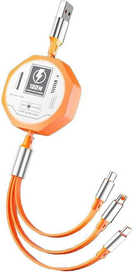 Cablu 3în1 Extensibil Telefon Alista Home 100w Încărcare Rapidă Mecha Stil Potrivit Mașină Universal 1.2m Portocaliu