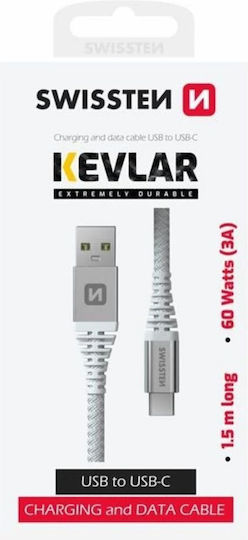 Swissten Kevlar Καλώδιο Usb-a Usb-c 60w 3a Extra Durable 1.5m 71541011 Άσπρο