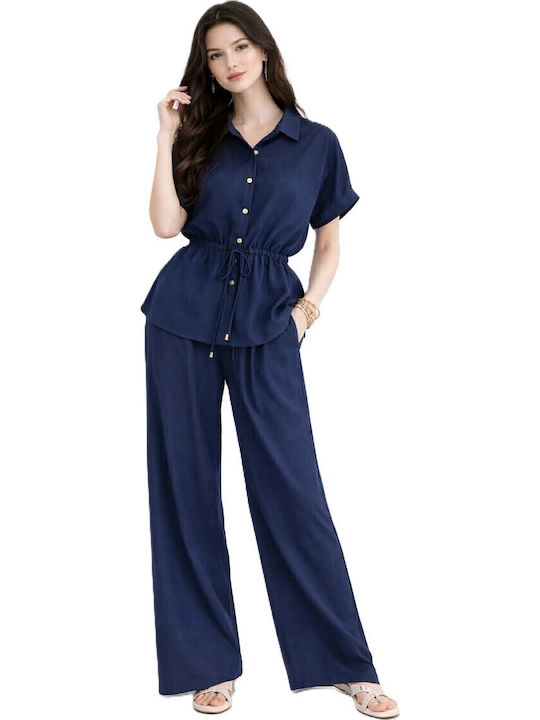 Set Albastru Dama Cu Pantaloni Cu Cauciuc