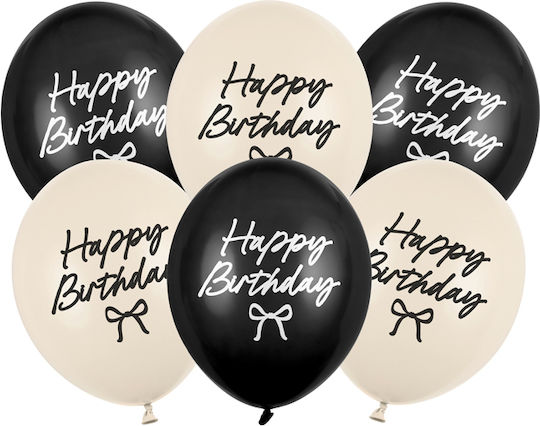 Latex Balloons 30cm Happy Birthday White & Black Bows 30 Cm Pack 6 Pieces