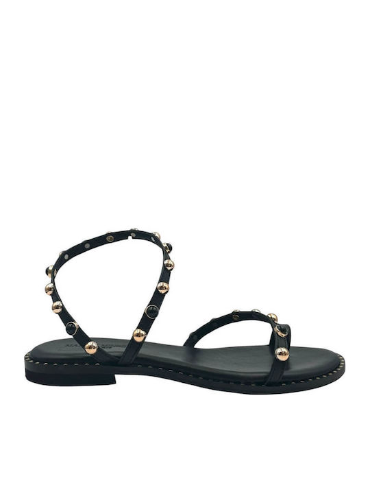 Maison Minrelle Leder Flache Sandalen für Damen Schwarz 11633181 Schwarz