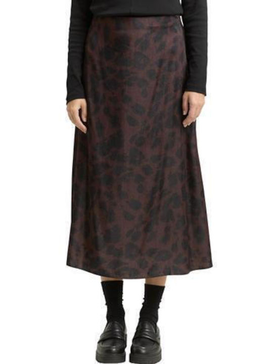 Saten Hohe Taille Midi Damenrock Leo Braun Schwarz Großer Leo-Print