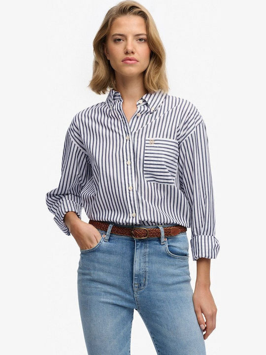 Long Sleeve Women's Denim Shirt Navy/White Striped