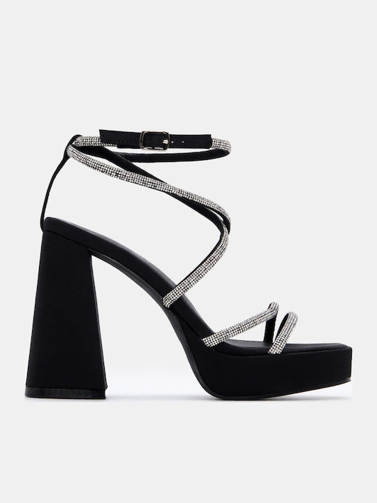 Fabric Sandals with Strass Black