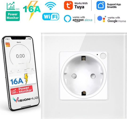 Priză Inteligentă de Perete Wifi Monitorizare Consum 16A – Control de la Distanță prin Aplicația Tuya Smart Life Control Vocal Programare Protecție Copii Panou din Sticlă Termorezistentă Compatibilă cu VisionHub Ios Android Amazon Alexa Google Home