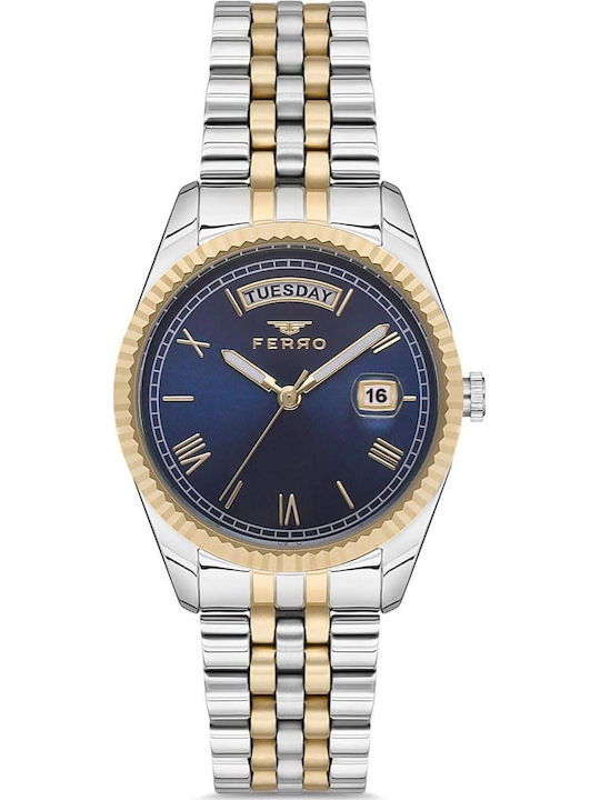 Ferro Womens Battery Watch With Gold Metal Brac...