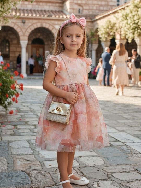Girls Sleeveless Tulle Floral Dress Set with Accessories Salmon
