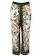 Women's Satin Trousers with Elastic Floral Green