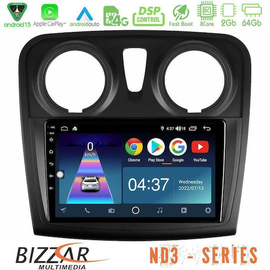 Bizzar Auto-Audiosystem für Dacia Dokker 2014-2021 Bluetooth USB Eingebautes Wi-Fi GPS Apple CarPlay Android Auto mit 9 Zoll Touchscreen