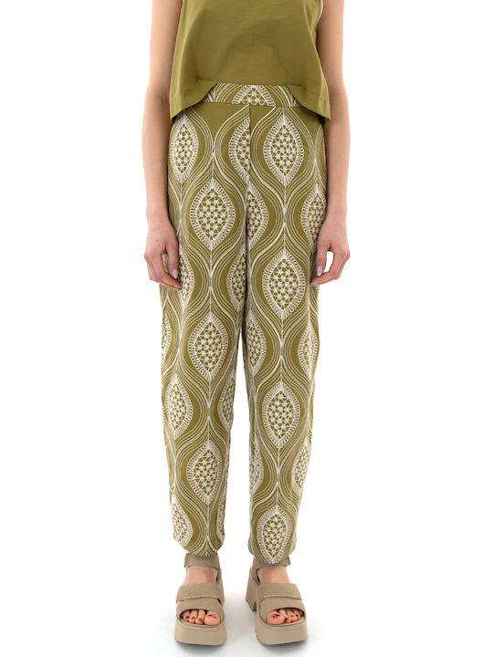 Moutaki Women's High Rise Fabric Trousers with Rubber Band Ecru-Green Moutaki Women's High Rise Fabric Trousers with Rubber Band Ecru-Green