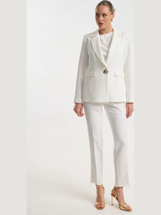 Fibes Langes Damen Krepp Blazer Weiß 01-6202-Weiß