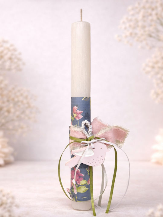 Beduftete Handgefertigte Runde Osterkerze Weiß 33 cm Dekoratives Vögelchen Blumen