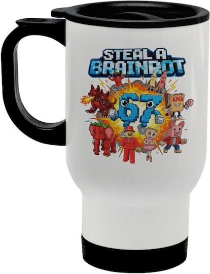 Koupakoupa Roblox Style Steal A Brainrot 67 Stainless Steel Thermos Bottle 450ml White with Handle and Straw