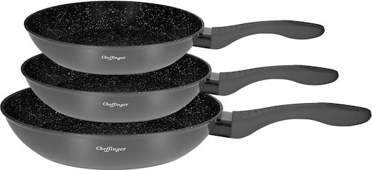 Cheffinger 3-Teiliges Pfannen-Set 20 24 28cm Mit Steinbeschichtung Mit Silikongriff Dunkelgrau