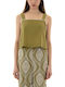 Women's Crop Top Cotton Sleeveless with Zipper Ecru-Green