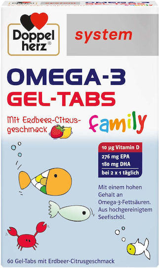 Doppelherz Omega 3 Gel Tabs Family Ulei de Pește Potrivit Pentru Copii 60 Comprimate Masticabile Cu Aromă Delicioasă Căpșună