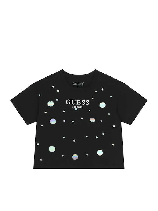 Guess Crop Top Pentru Copii Cu Mâneci Scurte Negru
