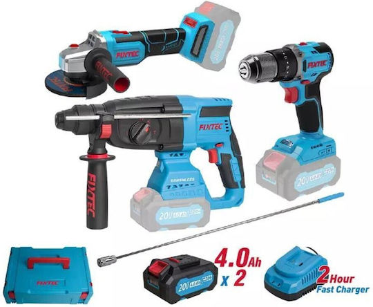 FixTec FCK031-125 Σετ Γωνιακός Τροχός, Δράπανο & Πιστολέτο Brushless 20V με 2 Μπαταρίες 4Ah και Θήκη