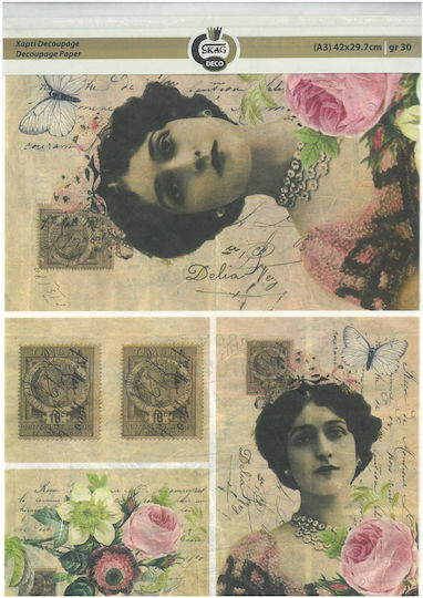 Decoupage Papier Deco 30gr 29,7x42cm Briefmarke Blumen Skag