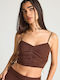 Women's Summer Crop Linen Top with Straps & Zipper Brown