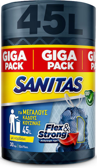 Sanitas Reinforced Trash Bags Capacity 45lt with Drawstring & Strong 75x52cm 30pcs Blue