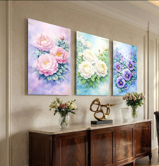 Triptych Set Glass Paintings with Multicolored Flowers (35x50cm)