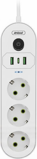 Andowl Πολύπριζο Aσφαλείας 3 Θέσεων με USB-A, Διακόπτη και Καλώδιο 2m