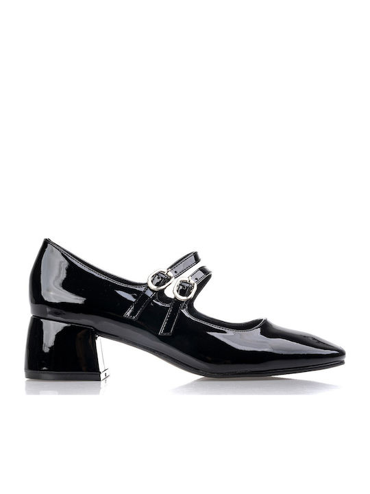 Heels in Patent Leather with Strap & Low Heel Black