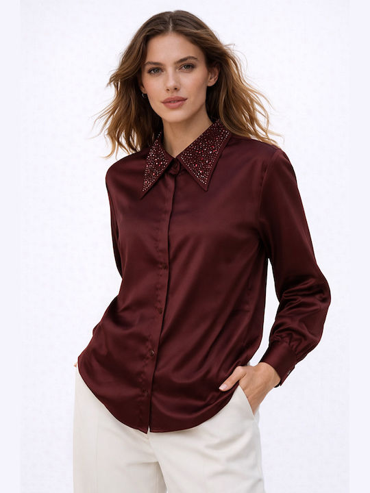 Long Sleeve Women's Satin Shirt Maroon