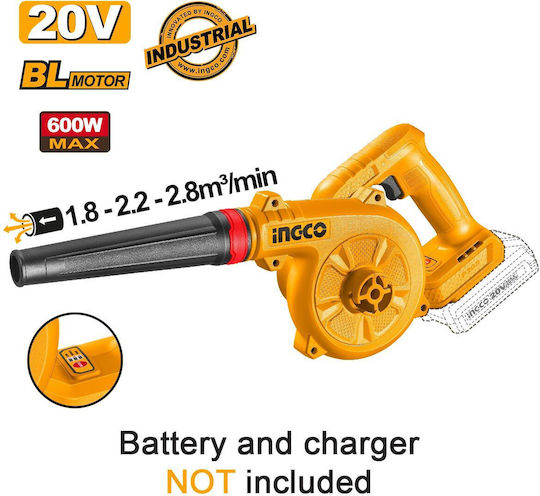 Ingco Handheld Battery Leaf Blower 20V Solo with Volume Control & Maximum Air Speed 259.2km/h