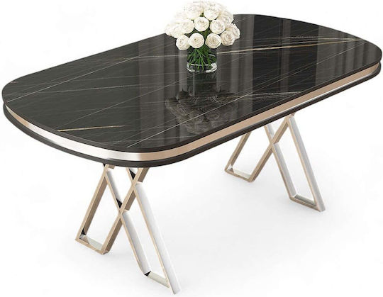 Zae Oval Dining Room Table with Marble Surface Black Chrome 168x90x76cm
