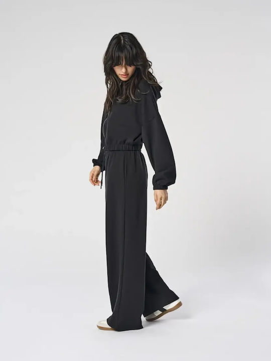 Damenhose mit Gummiband in Breit Bein Stil Schwarz