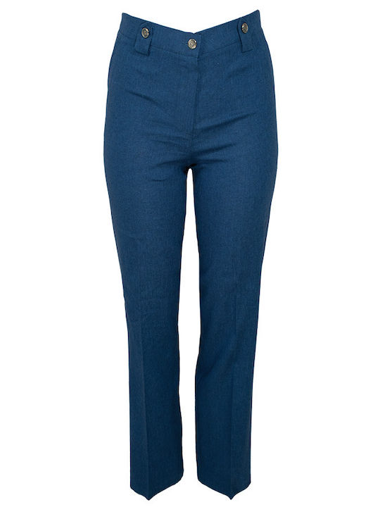 Women's High Rise Linen Trousers in Slim Fit Blue