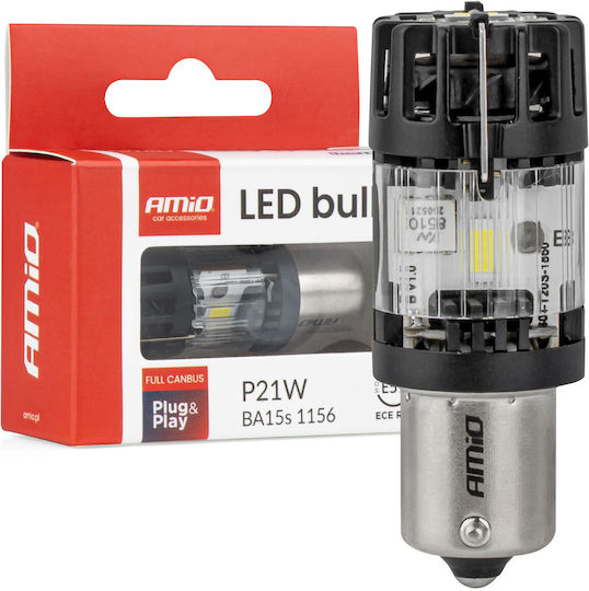 AMiO Λάμπες Αυτοκινήτου & Μοτοσυκλέτας BA15S / P21W / DRL Canbus LED 6500K Ψυχρό Λευκό 12V 66W 2τμχ