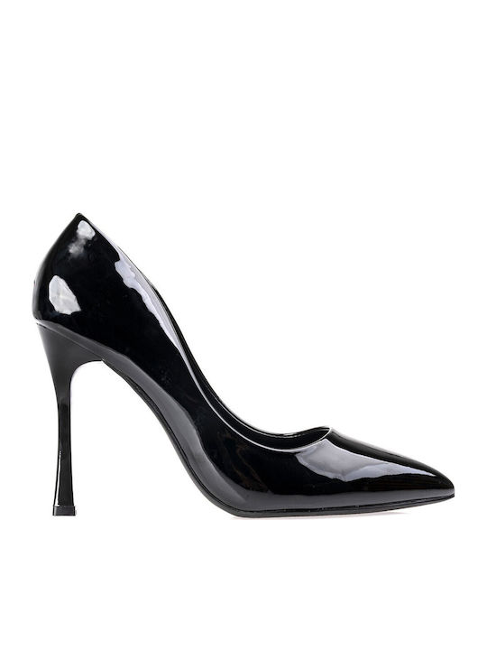 Fshoes Pointed Toe Heels in Patent Leather with Stiletto Heel Black