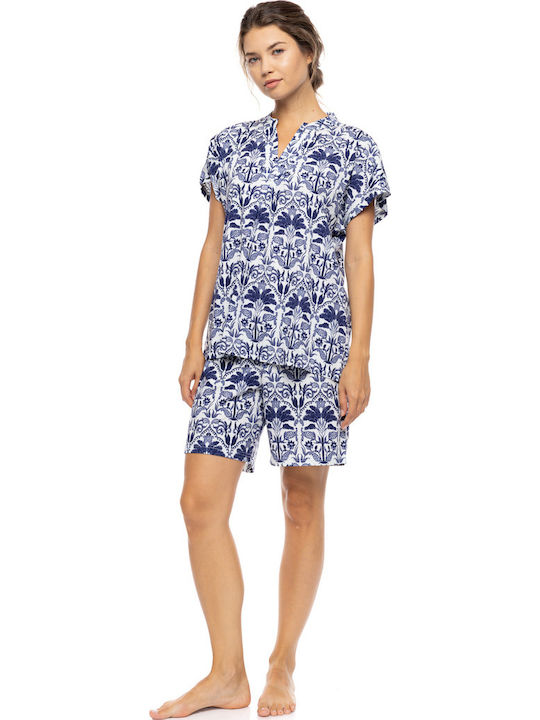 Pink Label Pink Label Sommer Damen Schlafanzug Set Blau Tropical