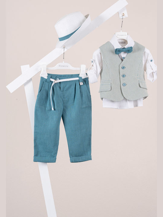 Piccolino Costum De Botez Cu Vestă Pentru Băieți Din In Carter Turcoaz