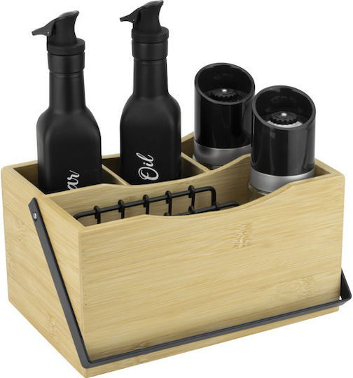 Set De 6 Piese Pentru Ulei De Măsline 2x250ml Sticle De Ulei Și Oțet 2x100ml Râșnițe Pentru Sare Și Piper Suport Pentru Șervețele Suport Din Bambus Cu Mâner