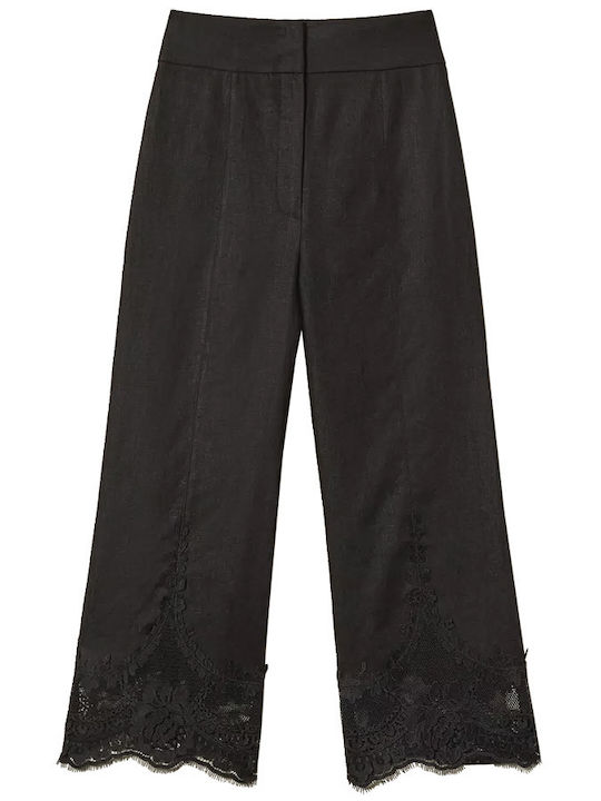Women's High Waist Linen Capri Pants in Straight Leg Style Black