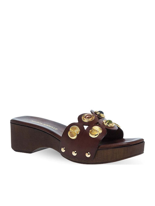 Pantofi Mules De Piele Cu Toc Maro