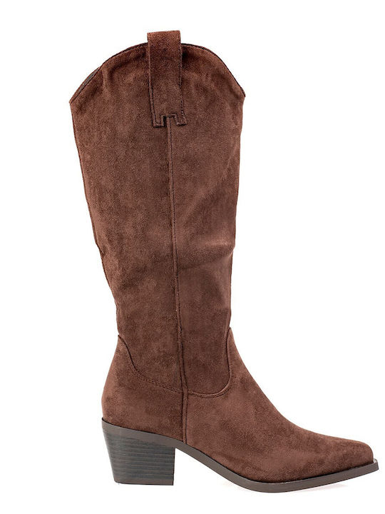 Suede Women's Boots with Medium Heel Brown
