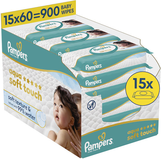 Pampers Aqua Soft Touch Baby Wipes with 99% Water Fragrance Free Alcohol-Free Parabens Free 15x60pcs